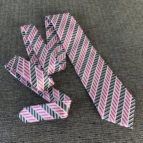 KENNETH ROBERTS Platinum Pink Black Necktie - silk designer geometric striped - Picture 2 of 9